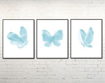 Blue watercolor butterfly art print set of 3, watercolor painting, butterfy painting, baby blue wall print, baby shower gift  - F7