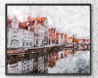 Bruges Belgium print, Bruges poster, Bruges skyline, Bruges cityscape, Bruges art print, Bruges travel poster, Belgium wall art