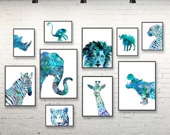 Blue animals art print set watercolor painting nursery animal wall decor, blue wall art, print illustration, set of 10 prints - S65
