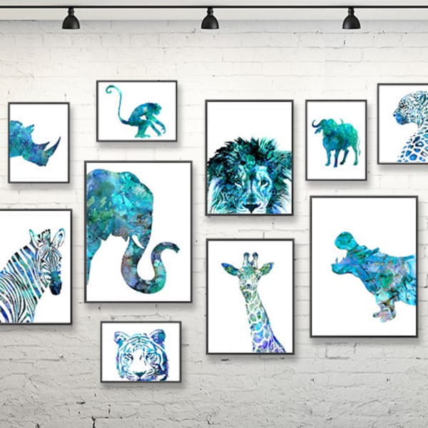 Blue animals art print set watercolor painting nursery animal wall decor, blue wall art, print illustration, set of 10 prints - S65