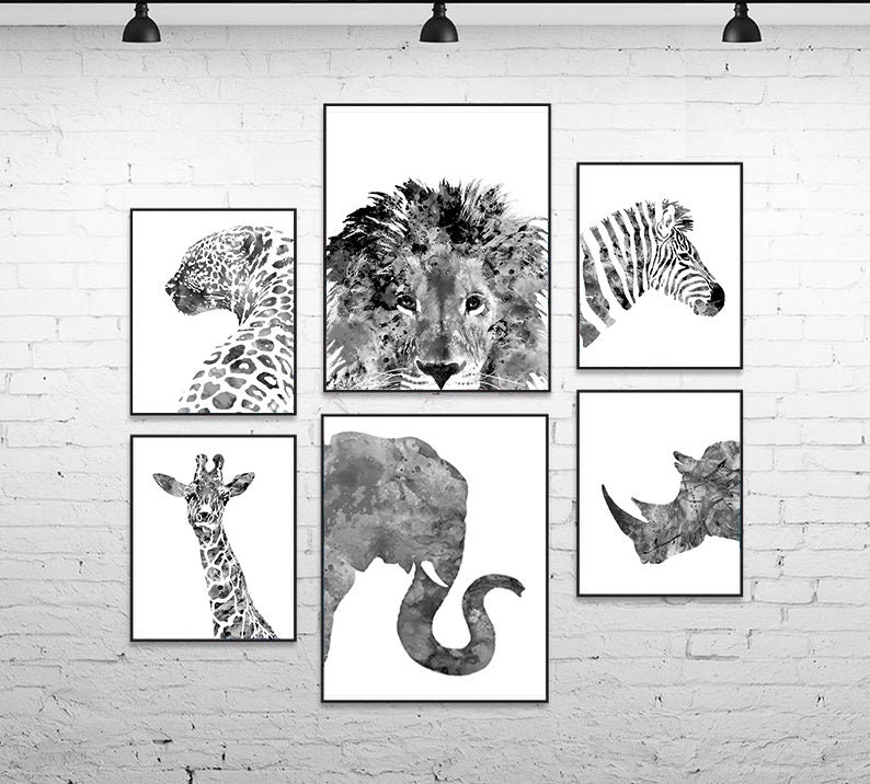 Black white watercolor jungle animals print set nursery | Etsy