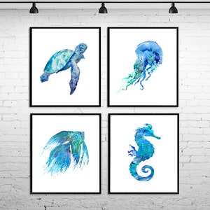 Nautical art print, ocean nursery art, blue beach decor, coastal art, coastal prints, ocean prints, ocean animal wall art - Set of 4 - S152