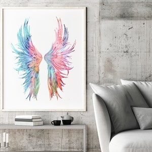 Watercolor painting angel wings, watercolor print, living room decor, nursery wall art, feather prints  - F197
