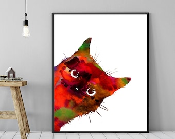 Colorful Watercolor Cat Art Print, Animal Wall Decor, Animal Painting, Cat Art - 493