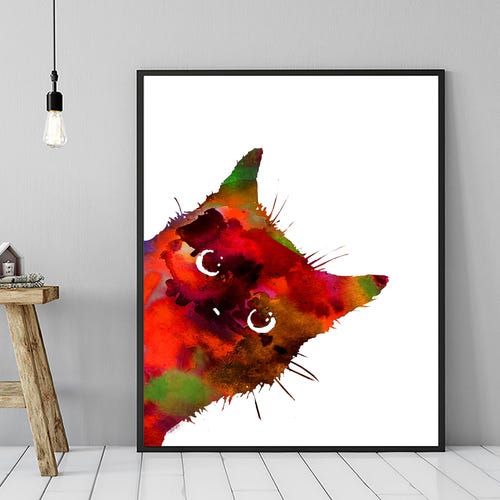 Impression d'art chat aquarelle coloré : décoration murale animal lunatique, 493