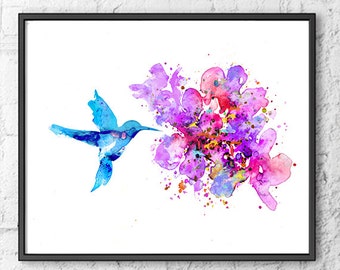 Hummingbird print, watercolor art, watercolor print,  bird art, flower art, living room decor, floral poster, flower wall art - F264