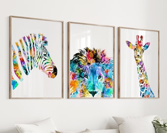 Watercolor Safari Animal Prints: Kids Nursery Decor, Set of 3 - S125