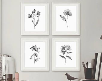 Black and white botanical art prints plants wall art, nature decor, modern minimal, floral home decor, flowers art, set of 4 prints - К12