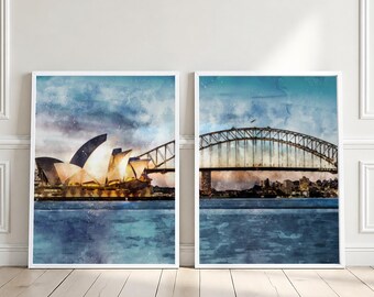 Sydney Opera House Print Set of 2, Harbour Bridge Australia Wall Art