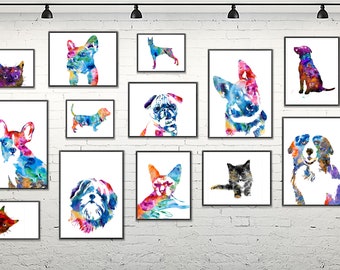 Dogs and cats wall prints, dog prints, dogs cats posters, veterinary wall art, veterinary clinic decor, vet decor, 18 pets prints - S189