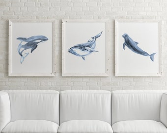 Blue ocean prints, nautical print, whale print, orca art, orca print, sea art prints set, coastal decor, coastal art, beach wall art -S204