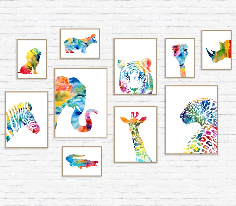 Estampados de animales de safari en acuarela: Decoración colorida para la pared de la habitación de los niños, juego de 10 - S52 imagen 2