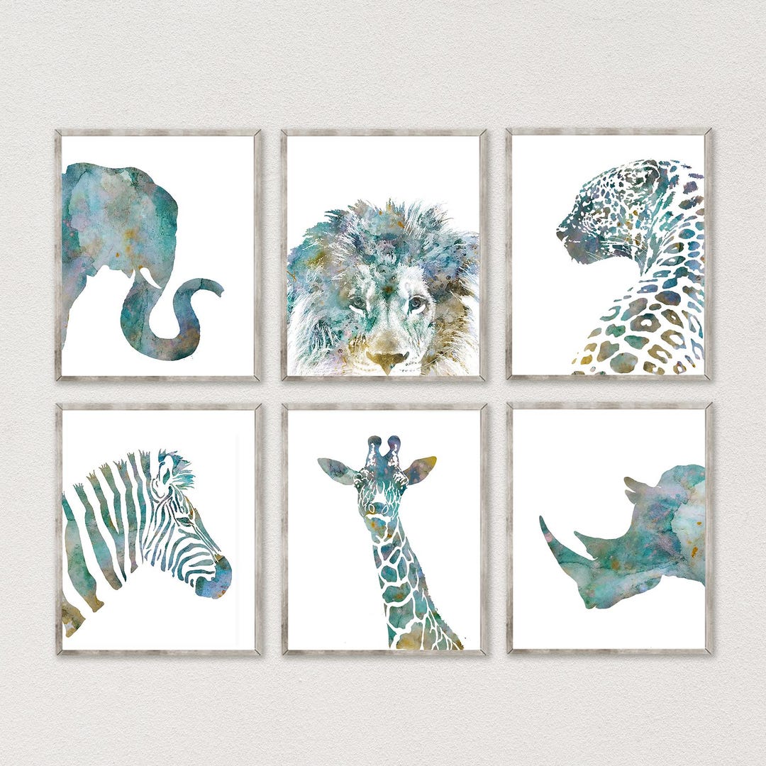 Safari Animal Print Set of 6, Watercolor Wildlife Wall Art, Jungle ...