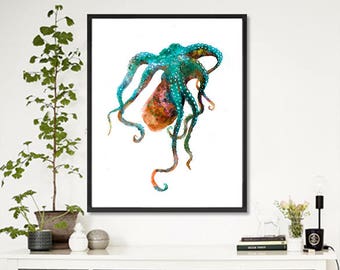 Octopus watercolor print, nautical decoration, kraken, sea life, beach art, coastal decor, watercolor print, bathroom wall art - F155