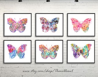 Butterfly print, butterfly art, watercolor butterflies painting, girl nursery art, watrcolor art print set of 6  - S45