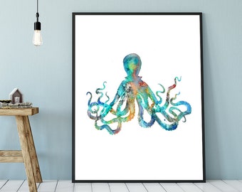 Watercolor Art Print Octopus Painting Octopus Art, nautical print, ocean art, beach decor, coastal decor, sea life wall print  - S36