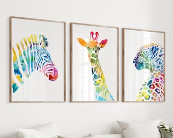 Watercolor Animal Nursery Prints: Giraffe, Zebra, Tiger Art (Set of 3) - S25