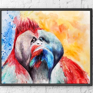 Animal art, animal print orangutan painting original watercolor artwork monkey print children room art, giclee art poster - R33