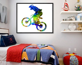 Bicycle print, extreme sport art, BMX poster, watercolor print, bike poster, kids art, nursery print, blue decor, sport decor - 357