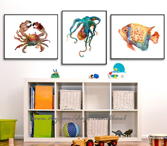 Nursery ocean art print set watercolor nautical painting fish crab octopus nautical print, coastal decor, beach wall art - S29