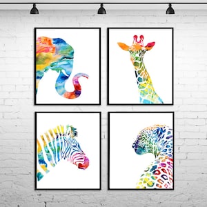 Nursery animal prints, watercolor animal wall prints, jungle animal art, wild animals nursery decor, safari animals poster set of 4