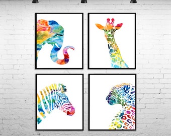 African Animals Painting, Safari Nursery Prints, Jungle Wall Art Set of 4 - S30