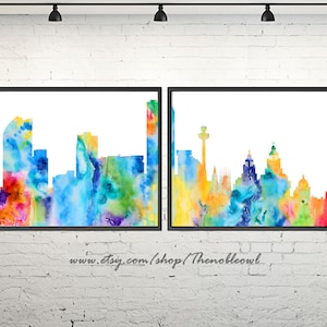 Liverpool skyline England, watercolor Liverpool print, Liverpool cityscape, Liverpool art print poster, Liverpool painting, set of 2 prints