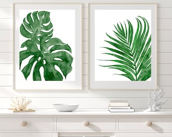 Watercolor Palm Leaf Print Set: Tropical Green Wall Art, N8/9