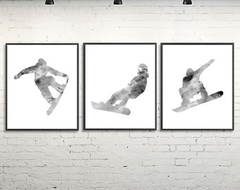 Black white snowboarding print, snowboard poster set, sport prints, sport art, extreme sports decor, boys room decor, teen wall art - Z55