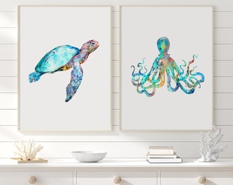 Watercolor Turtle & Octopus Art Prints: Coastal Nautical Decor (Set of 2) - S36
