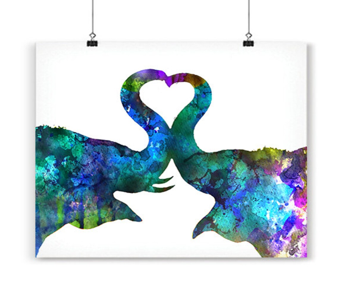 Love Art Watercolor Elephant Painting Animal Wall Decor Kiss Etsy