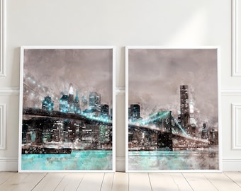 New York Print Set of 2, Brooklyn Bridge NYC Skyline Wall Art