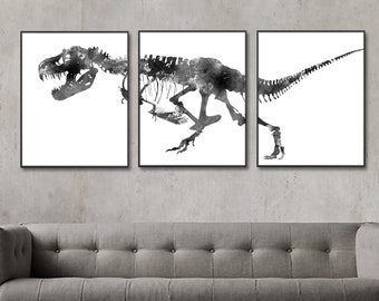 Watercolor Dinosaur Bones Art Print Set: Black and White Trex, Kids Room Decor - K13
