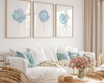 Blue Wall Decor, Watercolor Flower Print Set, Hydrangea Illustration - S163
