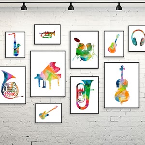 Music art, kids art, musical room decor, music print, musical instruments, art print set, musical poster, wall art set of 10 prints - s82