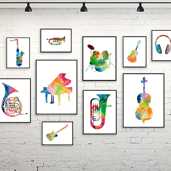 Music art, kids art musical room decor music print, musical instruments, art print set, musical poster wall art set of 10 prints - s82