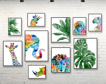 Watercolor prints of african animals tropical leaves, animal prints, animal wall art, wild life prints, wild animals poster, nursery animals