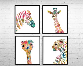 Nursery animal art print, watercolor animal prints, safari prints, jungle animal decor, jungle nursery art, kids wall prints set - S153