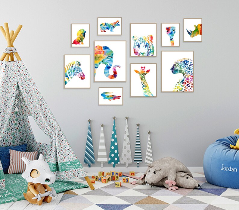 Estampados de animales de safari en acuarela: Decoración colorida para la pared de la habitación de los niños, juego de 10 - S52 imagen 1
