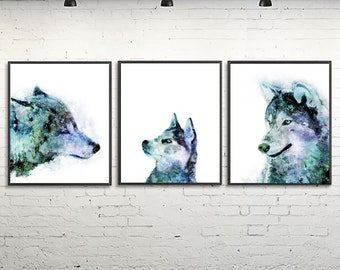 Wolf Family Prints: Woodland Boy Nursery Animal Art, Set of 3 - C15