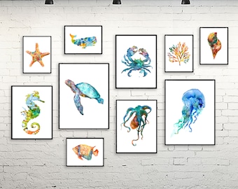 Watercolor Ocean Animal Art Print Set: Coastal Nursery Decor – Fast US Shipping - US42