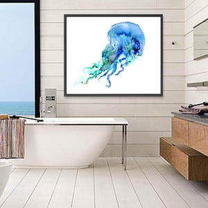 Watercolor Jellyfish print, jellyfish art, ocean art, blue nautical print, bathroom wall art, ocean theme, beach wall decor F217 image 2