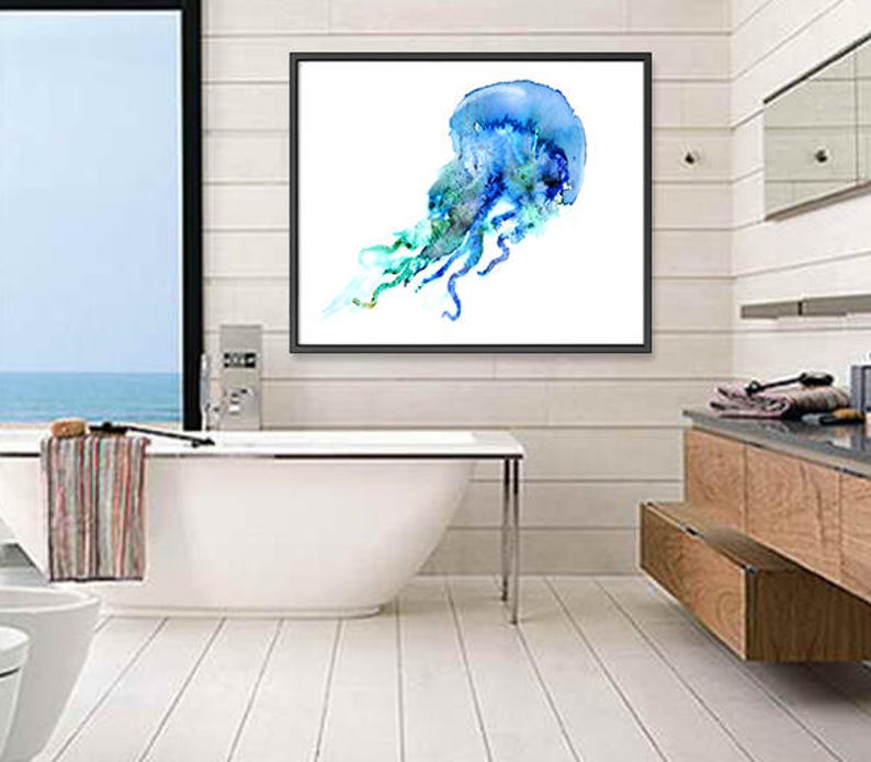 Watercolor Jellyfish print, jellyfish art, ocean art, blue nautical print, bathroom wall art, ocean theme, beach wall decor F217 image 2