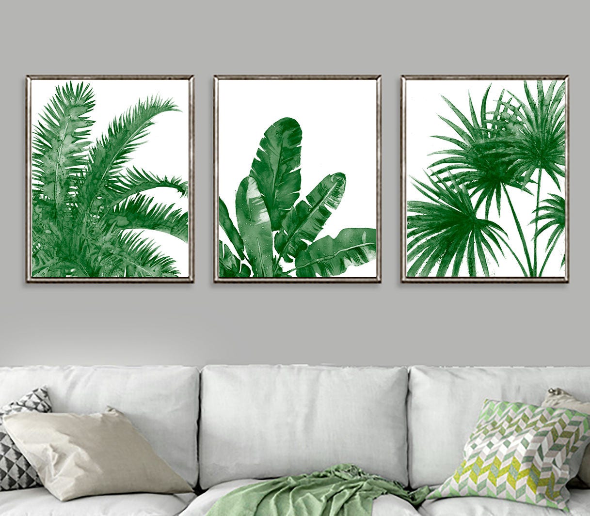 Green print watercolor painting palm leaves tropical print | Etsy