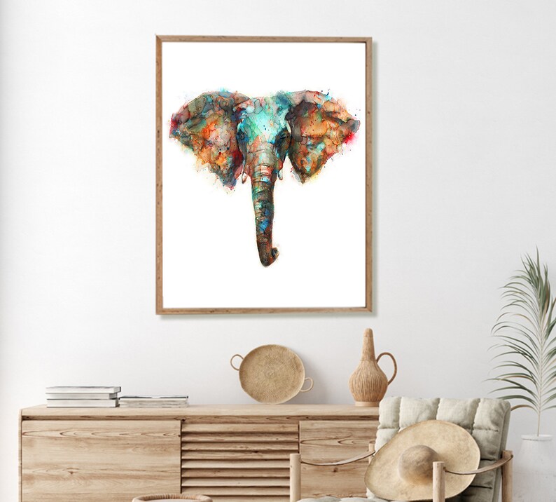 Elephant Watercolor Animal Painting, Colorful African Animal Art, Nature Home Wall Decor, Watercolor Art Print R57 image 4