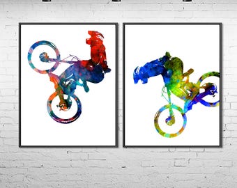 BMX Bike Watercolor Art Print Set: Teen Boy Room Decor - S91