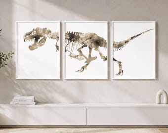 Watercolor Dinosaur Bones Art Print Set: Sepia Jurassic Nursery Decor - S227