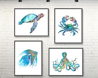 Nautical Nursery Art Print Set Watercolor Turtle Print Ocaen Art Crab Print Fish Art, Beach Decor, Coastal Art - Set of 4 prints - S51