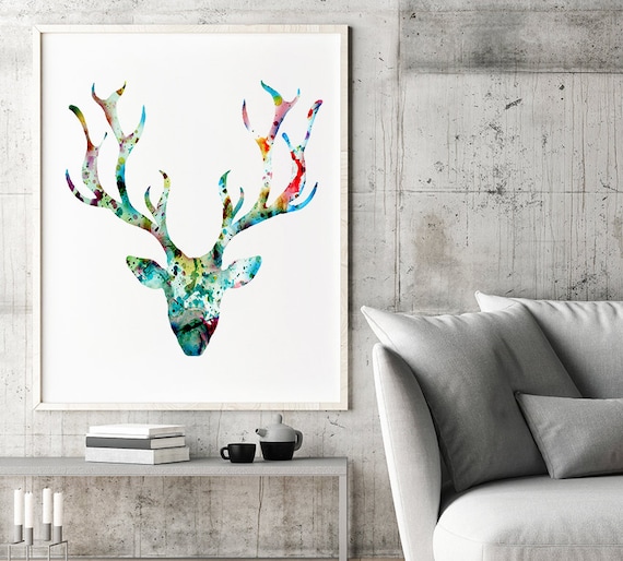 Frmed Deer Hed Animl Modern Cnvs Print Poster Wtercolor Pinting Decor   a 