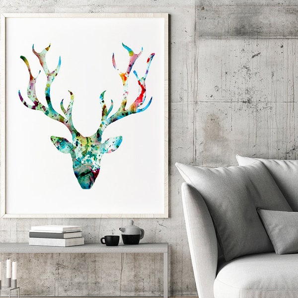 Animal art, deer print, deer head antlers print deer painting woodland wall art woodland animal modern decor - 31